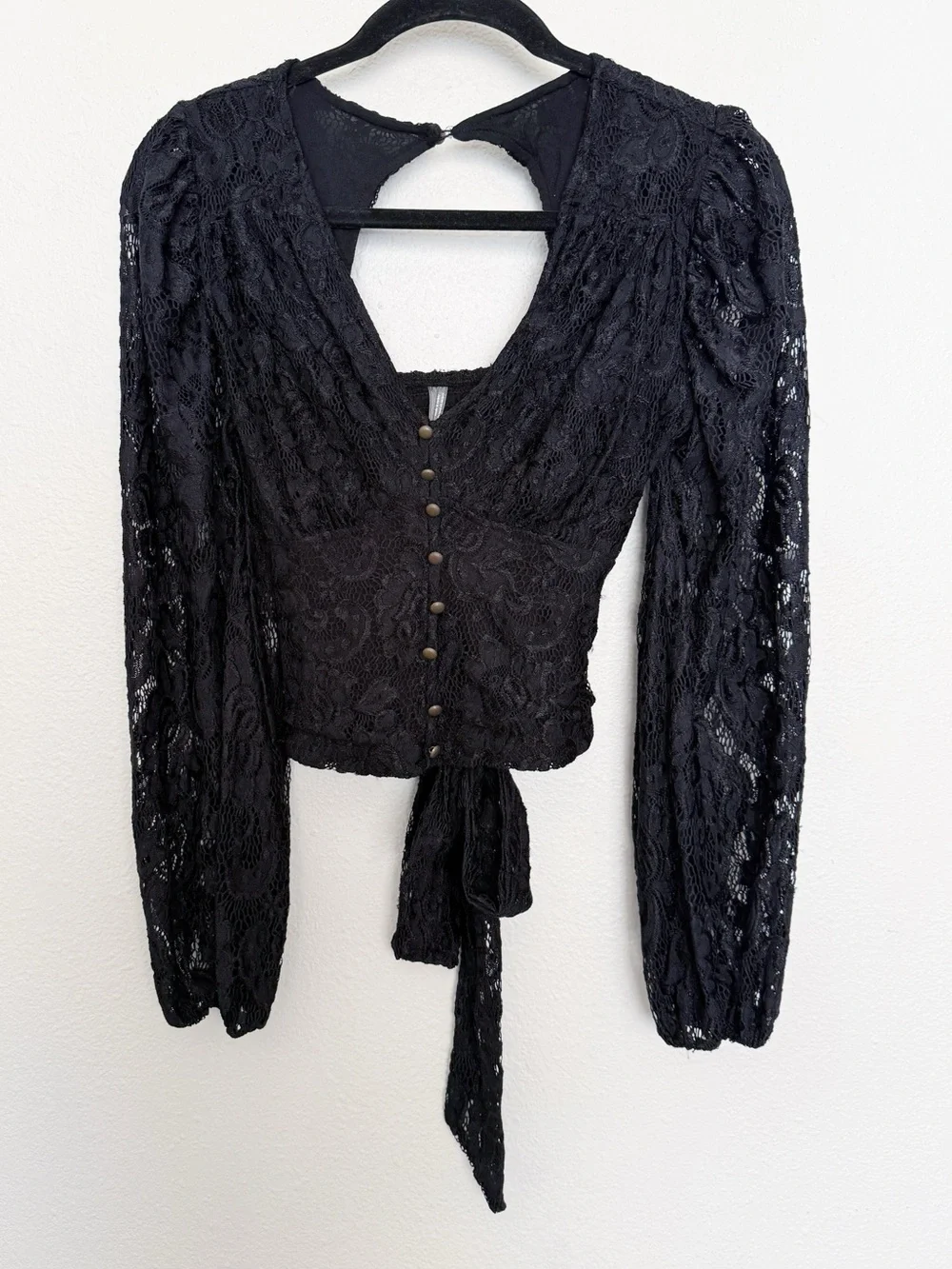 By Anthropologie Balloon-Sleeve Black Lace Tie Waist Blouse Size XS